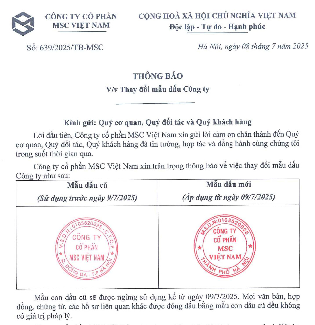 Thông báo thay đổi mẫu dấu Công ty